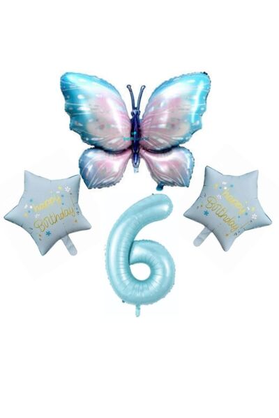 parti sürprizi Mavi Kelebekli Happy Birthday 6 Yaş Folyo Balon Set