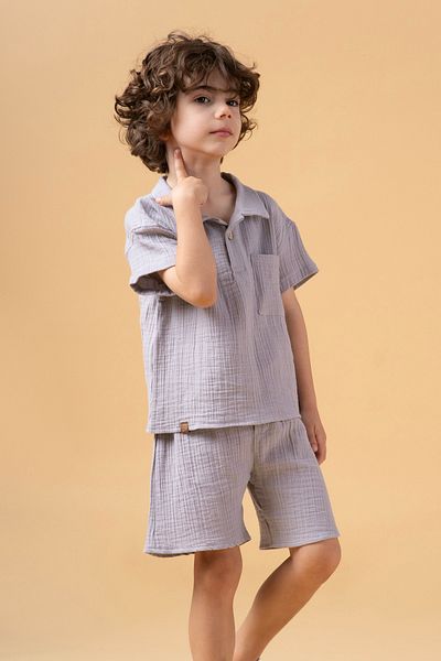 Minipodyum Boy's Placket Shirt Shorts Muslin Summer Double Set