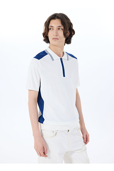 Jeep Polo Yaka Relaxed Blok Desenli Ekru - Lacivert Erkek Kazak J5SM-KZK7209