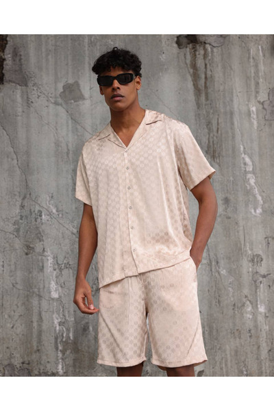 THIMOON Beige Patterned Summer Shirt and Shorts Set