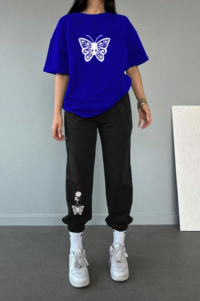 Mythologie Παντελόνι και μπλουζάκι Butterfly Rose - Μπλουζάκι Sax Black Jogger Φούτερ Σετ Oversize Crew Neck
