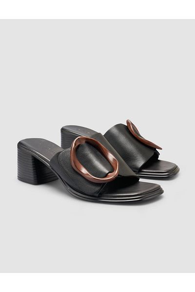 Cabani 100% Genuine Leather Black Women's Slippers with Buckle Detail