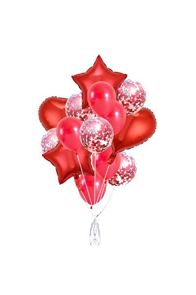 Flippy Set of 14 Metallic Foil & Latex Balloons (Flippy), Star & Heart, 45 cm, Red