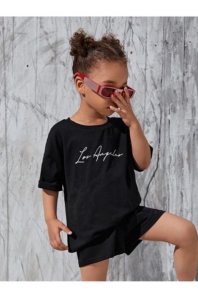 Sweetline Los Angeles Cotton Kids Suit Black T-Shirt Shorts - Black Print Girl Boy Summer Handwriting