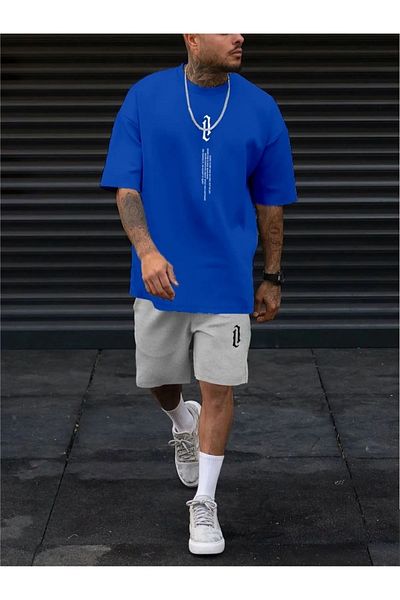 Mythologie Sax Blue Gray Vertical Design T-Shirt Shorts Combination Suit - Printed Oversize Crew Neck
