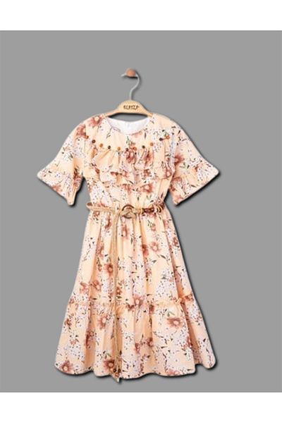 Elayza Girl's Lined Dress with Skirt and Ruffled Sleeves at the Chest, Gathered Beads and Belt Detail
