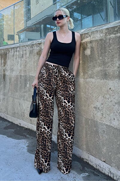 Madmext Bej Ayarlanabilir Bel Leopar Desenli Bol Paça Pantolon MG2095
