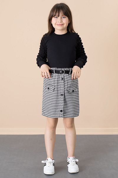 Cansın Mini Black Houndstooth Patterned Skirt and Badili Girl's 2-Piece Set 20653