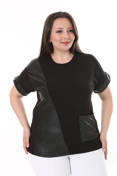 Butik Ayseba Black Women's Leather Detailed Large Size Oversize T-Shirt