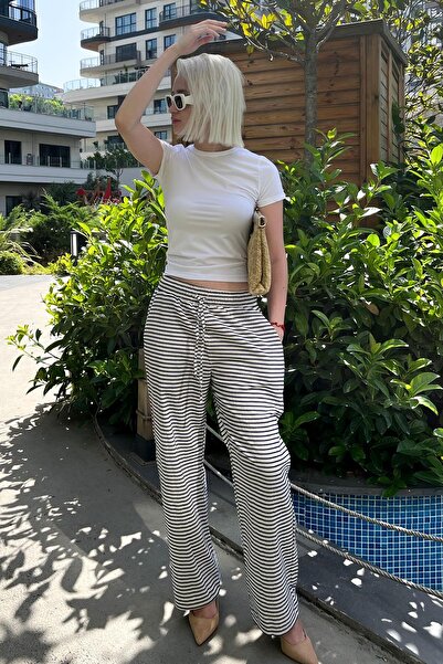 Madmext Lacivert Beli Ayarlanabilir Pamuklu Bol Paça Dökümlü Çizgili Pantolon MG2133