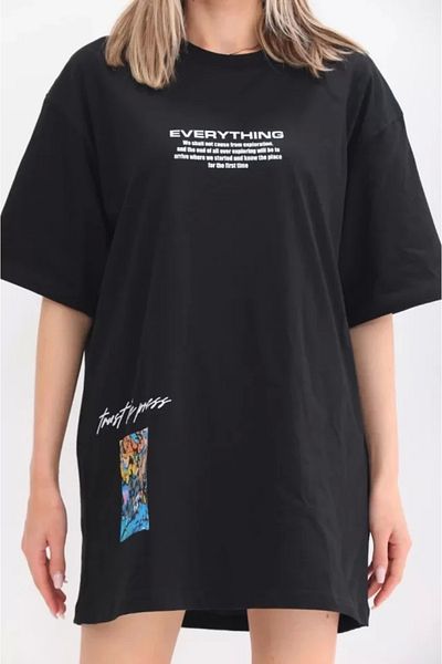 Mythologie Tricou negru Everything - mânecă scurtă cu decolteu oversize imprimat