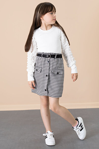 Cansın Mini Ecru Houndstooth Patterned Skirt and Badili Girl's 2 Piece Set 20652