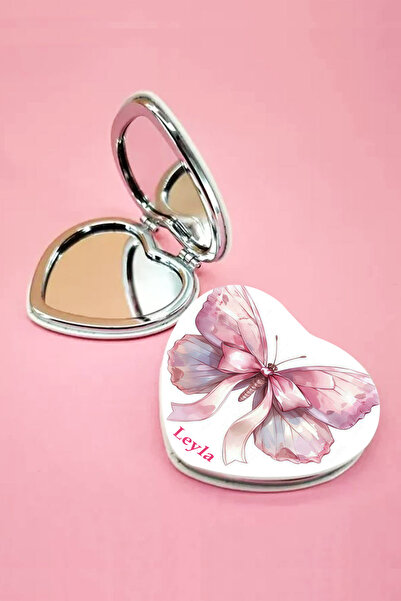 İŞTE BU Kişiye Özel İsimli Kelebek Baskılı Kalp Deri Ayna Çanta, Cep ve Makya...