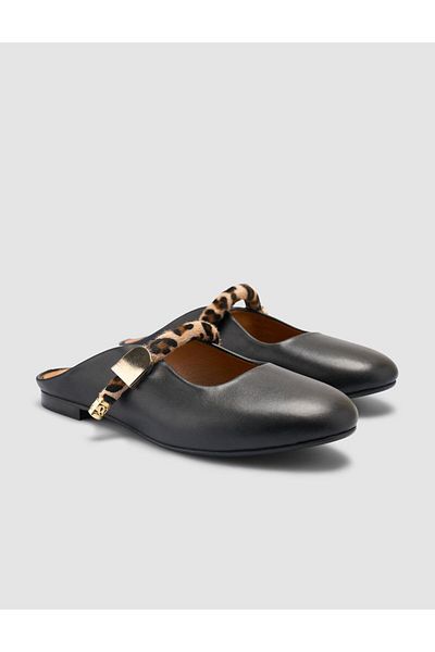 Cabani 100% Genuine Leather Black Women's Leopard Detail Slippers