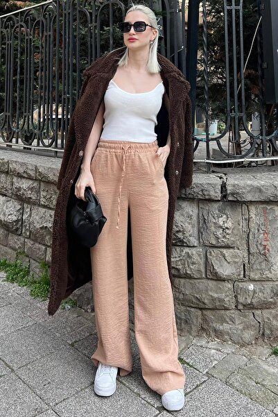 Madmext Camel Drawstring Wide Leg Women's Trousers MG2011