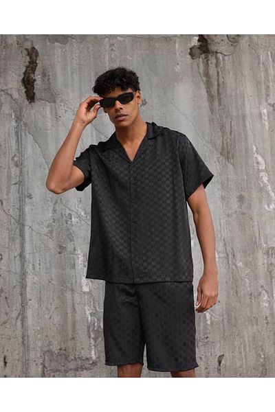 THIMOON Men's Black Patterned Shirt and Shorts Set Summer Stylish and Comfortable Double Combination