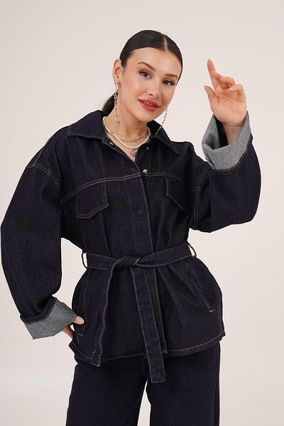 Hipo Trend Waist Belted Jacket and Pants Double Jean Navy Blue Set