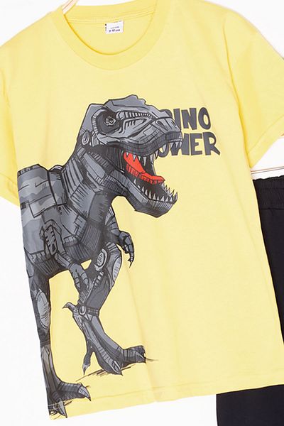 Cansın Mini Yellow Dino Printed Lettering Boys' Shorts Top and Bottom Set 20635