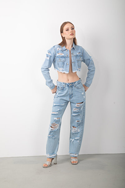 Kadın Denim Tasarım Yırtık Detaylı Jean Kot Pantolon