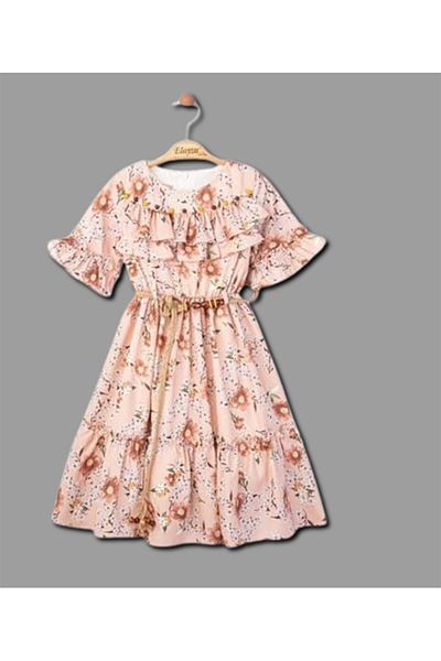 Elayza Girl's Lined Dress with Skirt and Ruffled Sleeves at the Chest, Gathered Beads and Belt Detail