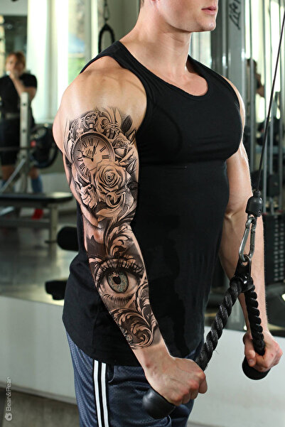 BP Tattoo Mavi Göz ve Mekanizma Kol Dövmesi Kol Kaplama Tattoo