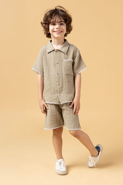Minipodyum Boy's Shirt Shorts Muslin Summer Double Set