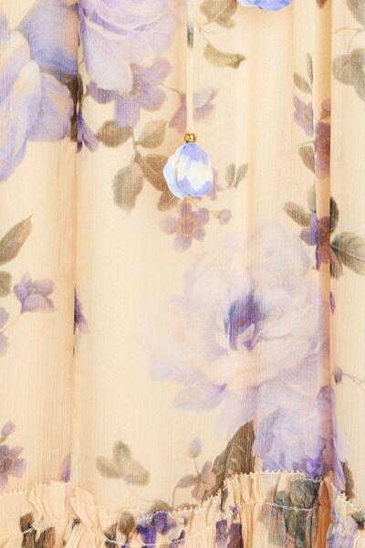 Zimmermann Kadın Fırfırlı Çiçek Desenli Krep Midi Elbise Krem