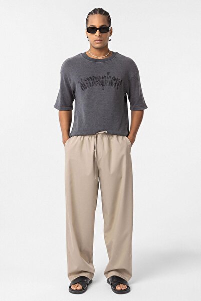 VAMOSCLO Elastic Waist Baggy Trousers Stone