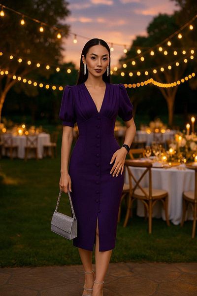 Mossta Purple Princess Sleeve Button Detailed Crepe Dress