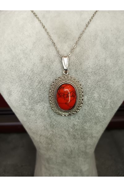 Mos Tespih Coral Stone Natural Stone Silver Color Necklace