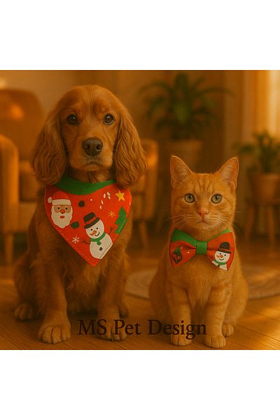 MS Pet Design Adjustable Cat Dog Bandana Bow Tie Set - Christmas Gift