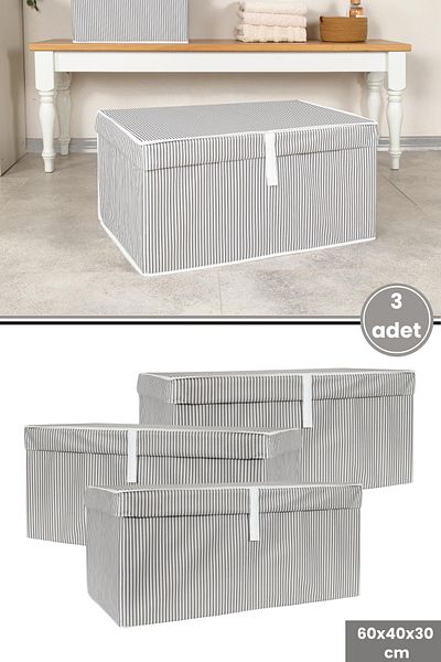 Flora Mega Box Storage Box, Pillow Sheet Clothing Wardrobe Organizer Cardboard Backed (60X40Cm) 3 Pieces Gray