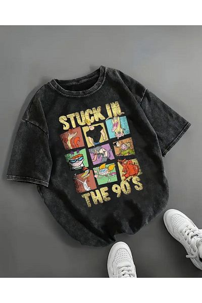 Touz Moda Zaseknuté v 90. letech potištěné prané vintage unisex oversize tričko