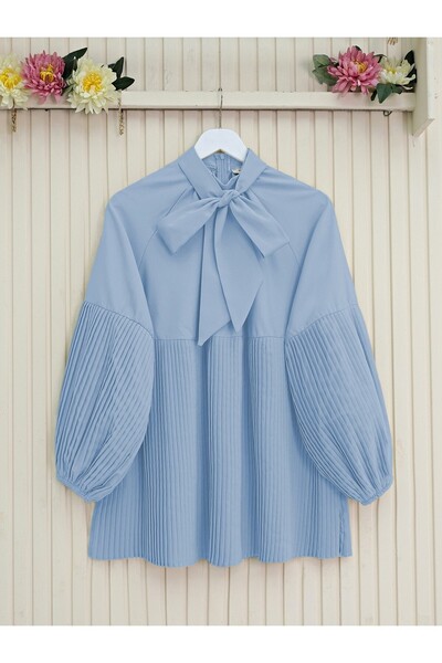 Modamorfo Blue Baby Tunic - Lace-Up Collar Sleeves and Pleated Skirt