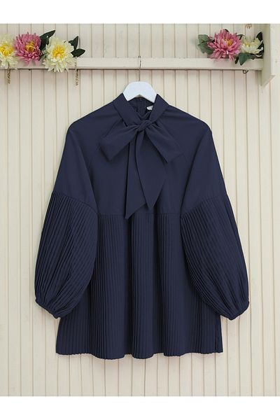 Modamorfo Laced Collar, Sleeves and Pleated Skirt Tunic - Navy