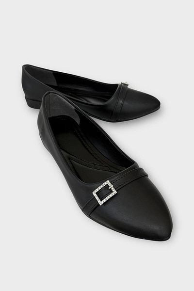 Liger Women's Buckle Detail Pointed Toe Ballerina Shoes Black