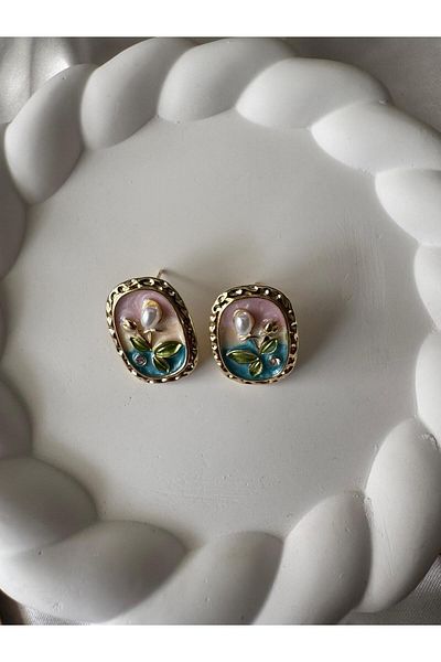 H&S AKSESUAR Vintage Colorful Floral Gold Pearl Detailed Earrings