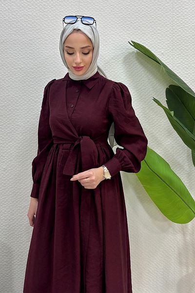 Tesettür Diyarı Asymmetrical Tie Summer Fabric Dress - Burgundy