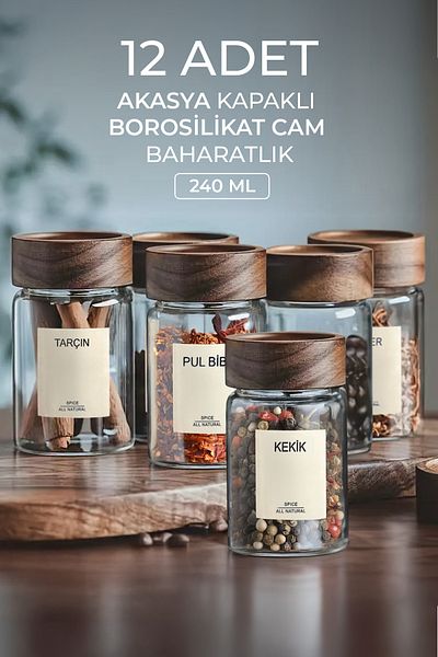 Kitchen Life Acassia Set of 12 Acacia Lid Borosilicate Glass Spice Shakers / 56 Labels Gift / 240ml