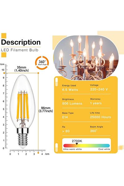 modi 6-pack C35 Led Filament Candle Bulbs, 4w (40W EQUIVALENT), Energy Efficient Lighting