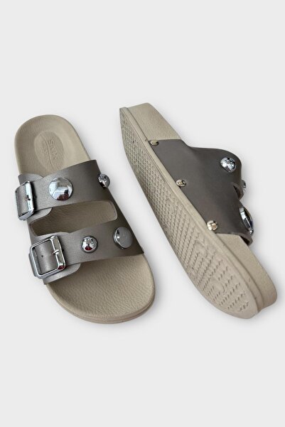 Liger Papuci de damă cu cataramă cu curele duble, confort zilnic, argintiu