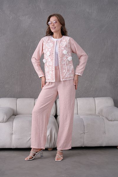 Miss Allos Women's Front Embroidered Rose Flower and Stone Detailed Linen Jacket and Trousers Bottom Top Set