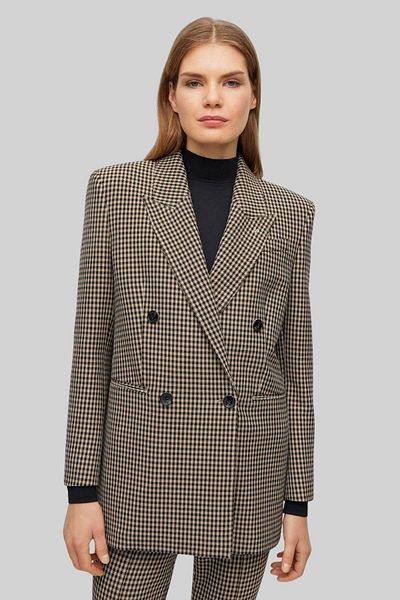 BOSS Women's Double Breasted Buttoned Checkered Jacket Beige