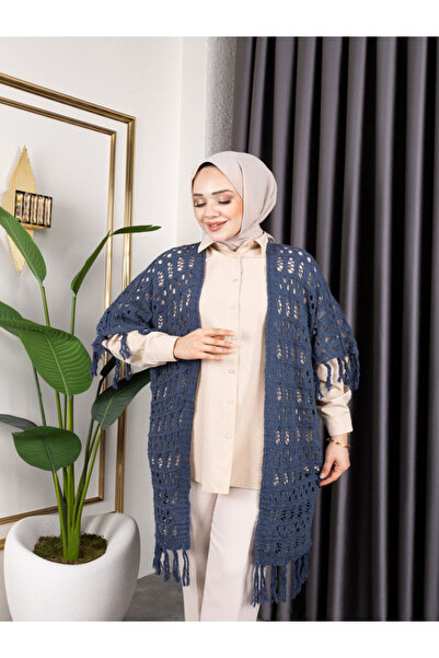 HİRA LİFE FASHİON Kadın Mevsimlik Saçaklı Ve Ajurlu Pamuk Triko Hırka