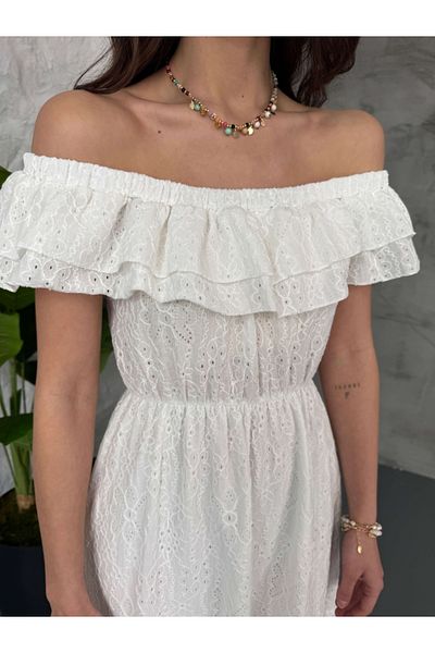 Elif Özbey Butik Λευκό βολάν με λεπτομέρεια φόρεμα