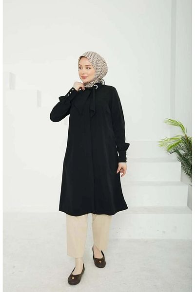 Armine Trend 2025 Spring and Summer Basic Neckline Detailed Scarf Hidden Button Silk Crepe Tunic