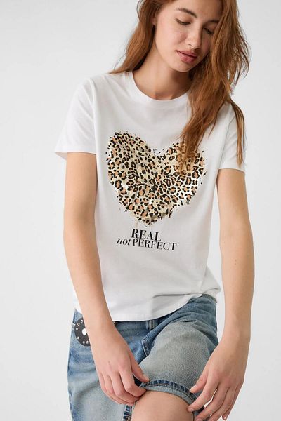 TENA Women's Ecru Crew Neck Heart Real Not Perfect Printed T-Shirt
