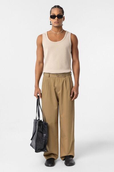 VAMOSCLO Baggy Fit Pileli Kumaş Pantolon Haki