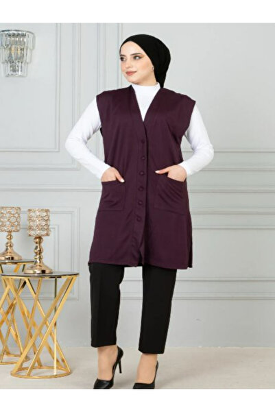 Nacar kadın penye uzun düğmeli yelek