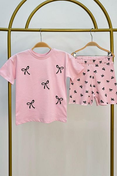 Monila Girl's Cotton Fabric Ribbon Embroidered Tshirt and Leggings Bottom Top Set